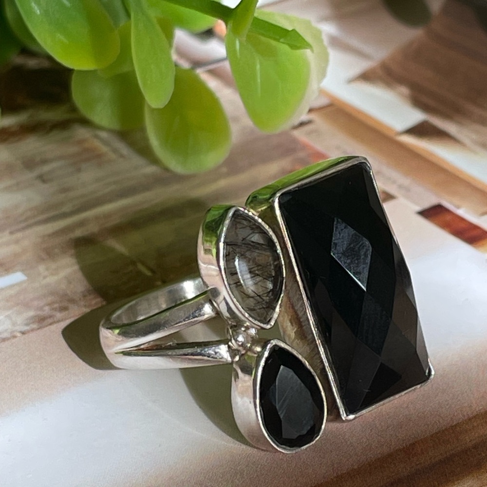 Ring Black Onyx multi stone statement Ring in 925 Sterling silver (US 7 and up) - Picture 11 of 12